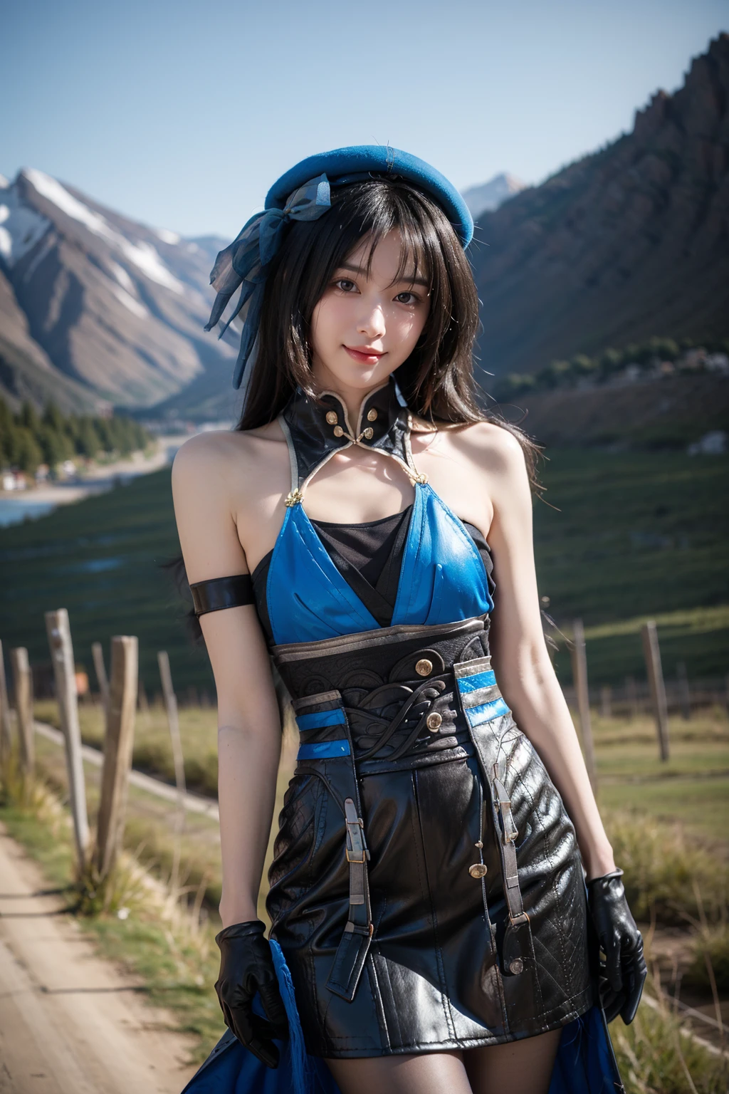 realistic,photorealistic,cowboy shot,1girl,solo,smile,looking at viewer,standing,yangyang cosplay costume,yangyang,cosplay,black hair,long hair,multicolored hair,white hair,dress,hat,bare shoulders,detached collar,single glove,arm strap,gloves,pantyhose,black pantyhose,water,field,mountain,nature,nature view,detailed background,<lora:WutheringWaves_Yangyang_cosplay_costume_v1:0.7>,<lora:Background_Detail_v3:1>,<lora:background & distence control:-1>,