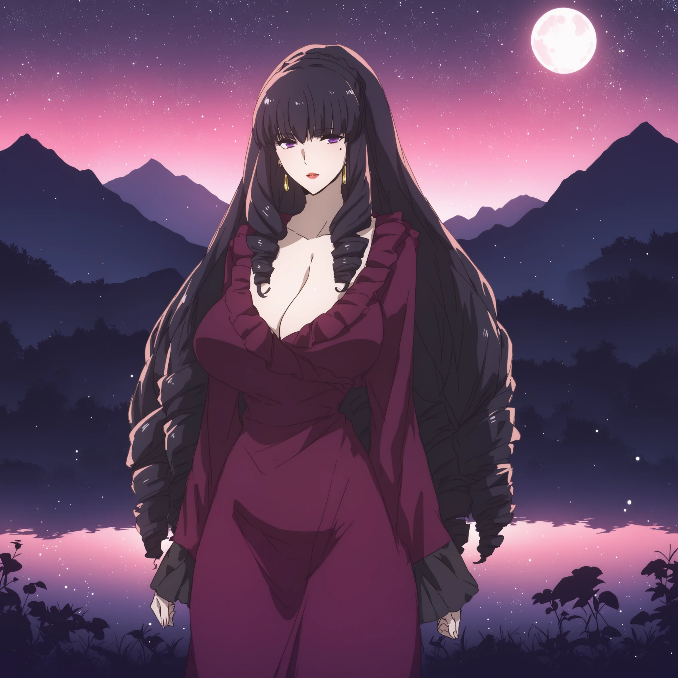 score_9, score_8_up, score_7_up, score_6_up, score_5_up, score_4_up
BREAK
maya_olis, 1girl, solo, black hair, drill sidelocks, drill hair, purple eyes, mole under eye, cleavage, red dress, long dress, earrings, huge breasts, looking at viewer, cowboy shot
BREAK
scenery, landscape, nature, mountain, starry sky, night sky, moon, night, dark
<lora:maya_MahoukaKoukouNoRettousei_sdxl_v1:1>