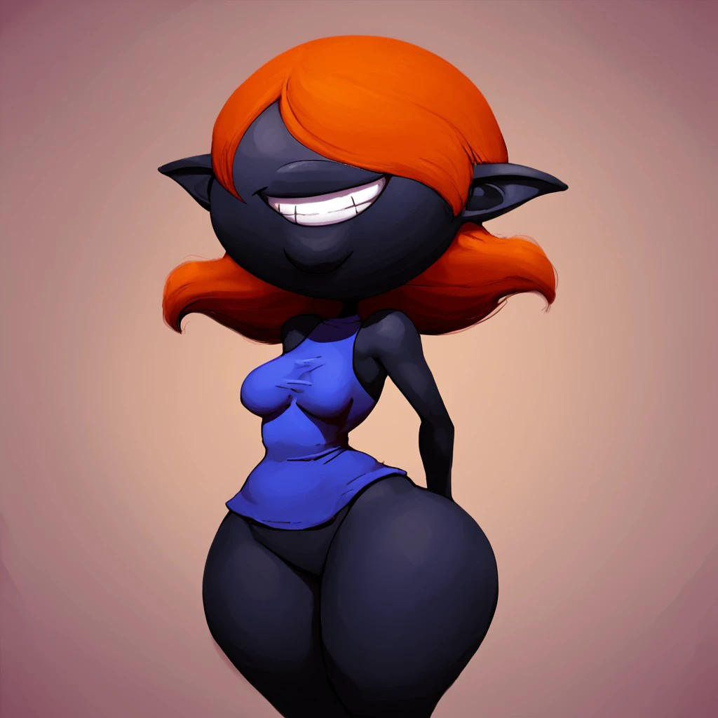 by darkgem, by duase, by boosterpang, by kevinsano, by zaush, solo, 1girl, undyne, blue skin, red hair, huge teeth, yellow teeth, laughing, black eye patch, female, older woman, smooth body, chubby, broad shoulders, wide body, wide hips, thick thighs, big arms, heavy breasts, nipple outline, highly detailed eye, milf, tank top, (bare midriff:1.3), cleavage, large areolae, denim cutoffs, visible thong straps, bare feet, Masterpiece, best quality, absurd res, highly detailed, cleanly drawn eyes, park environment, standing upright, big bottom lip, black lipstick, casual posture, hands on hips,