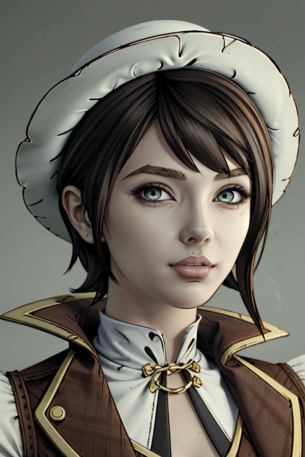 ((ultra detailed, masterpiece, absurdres))
 <lora:BFiona:0.8>
BFiona, 1girl, short hair, brown hair, hat, looking at viewer, simple background, portrait