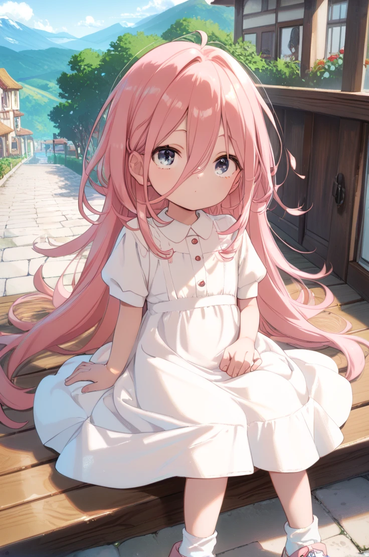 score_9, score_8_up, score_7_up, very aesthetic, source_anime, detailed,
village, mountain scape, 
sitting on a bench, looking up,
<lora:ayaTademaru_autismConfetti_v01:0.99>
tademaru aya, pink hair, long hair, messy hair, child, white dress, hair between eyes, short sleeves, socks, pink footwear, purple eyes,, zPDXL