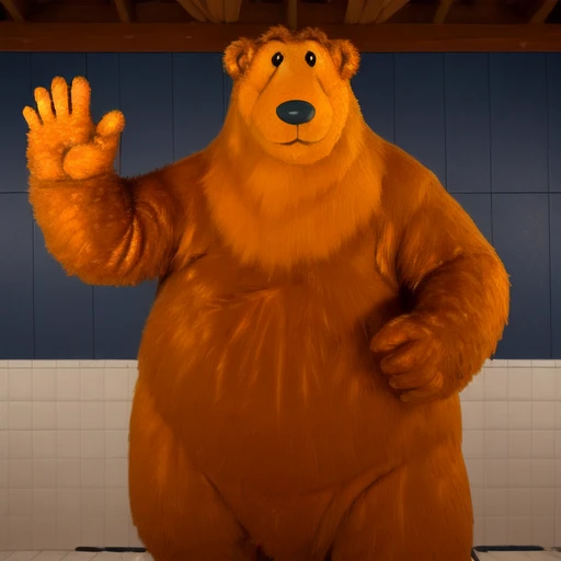 big belly, waving left hand, right hand on belly, big bear, standing tall, looking down at viewer, fat, strong arms