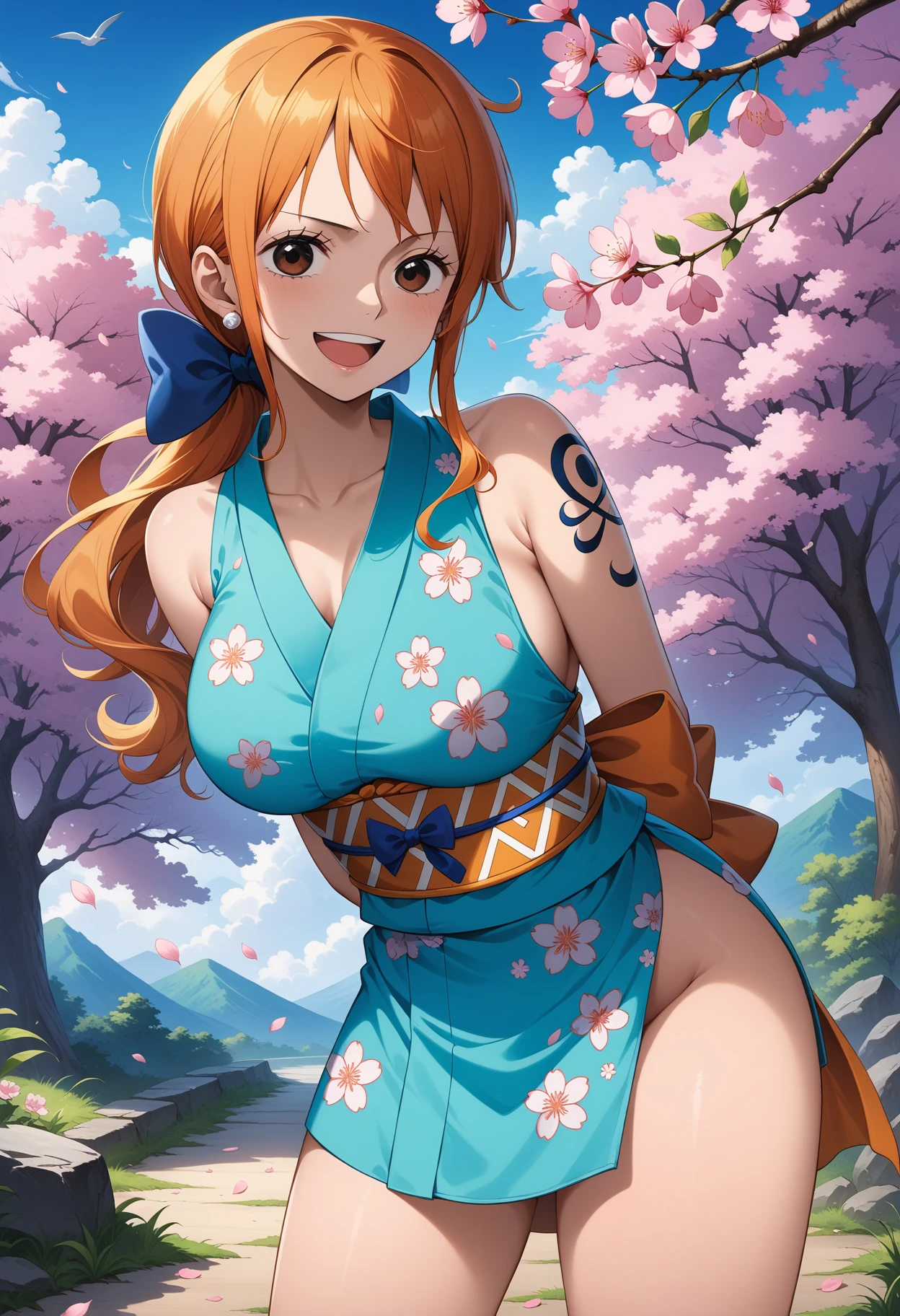 (masterpiece, best quality, very aesthetic, ultra detailed), intricate details, 4k, aanami, long hair, orange hair, low ponytail, hair bow, earrings, brown eyes, shoulder tattoo, breasts, collarbone, bare shoulders, japanese clothes, short kimono, blue kimono, floral print, sleeveless, bracelet, sash, obi, <lora:nami_animagine_v1:0.9>, arms behind back, leaning forward, standing, cowboy shot, smile, open mouth, happy, outdoors, cherry blossoms,