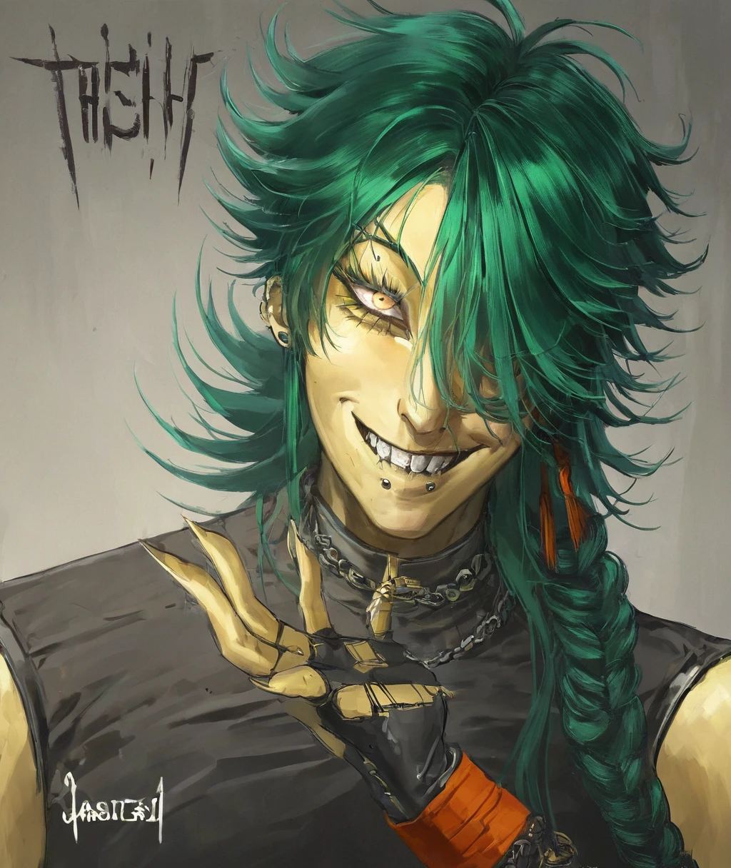 score_8_up. score_7_up, <lora:tangtang:1>, tangtang,
solo, smile, jewelry, green hair, earrings, looking at viewer, piercing, braid, 1boy, grin, gloves, long hair, teeth, ear piercing, male focus, hair over one eye, lip piercing, fingerless gloves, fingernails, shirt, black nails, black gloves, upper body