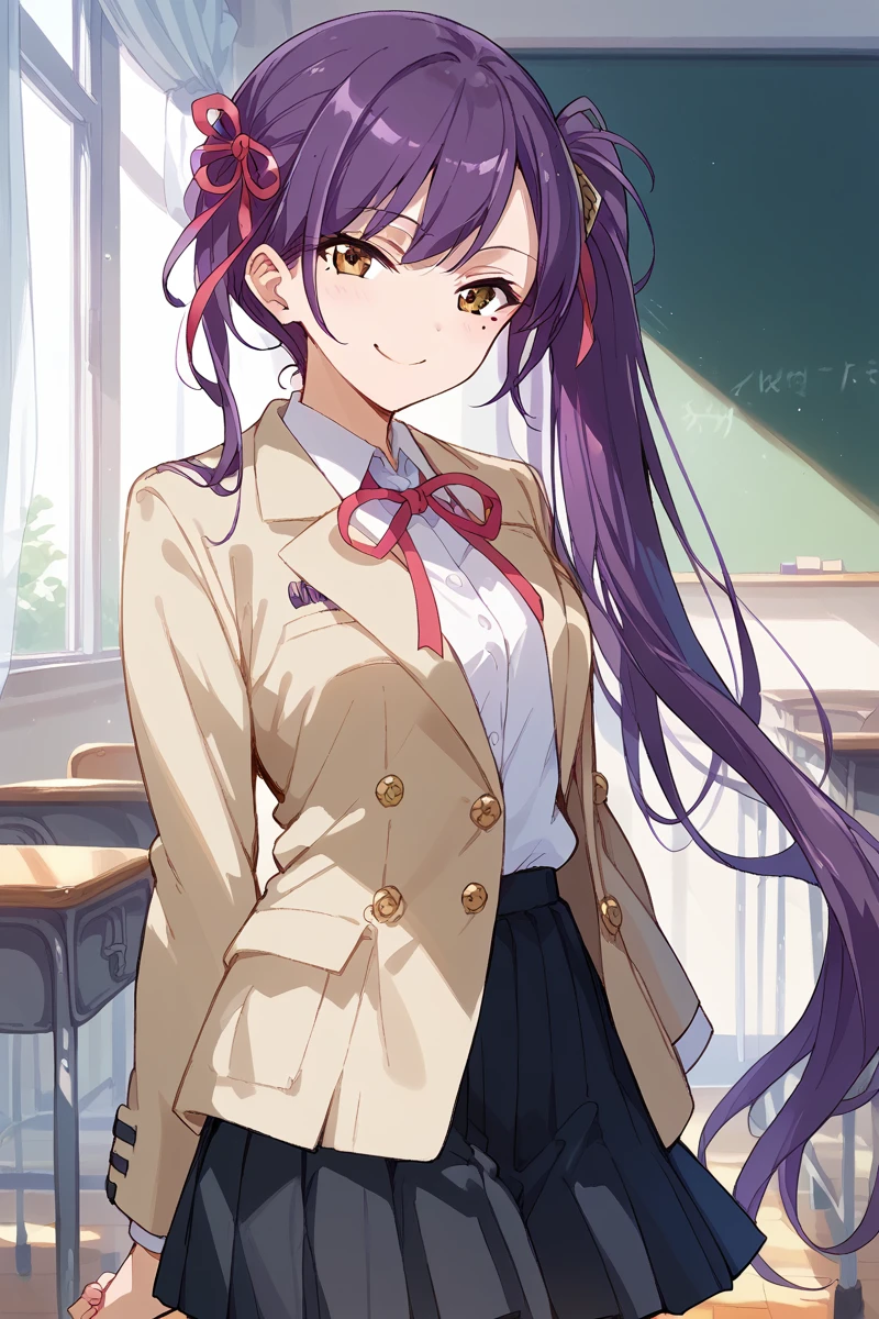 score_9, score_8_up, score_7_up, score_6_up, 1girl,
 <lora:Liu_Mei_Fan_r1:0.9> liu, long hair, purple hair, side ponytail, mole, long hair, solo, smile, looking at viewer, pleated skirt, ribbon, classroom, khaki suit,