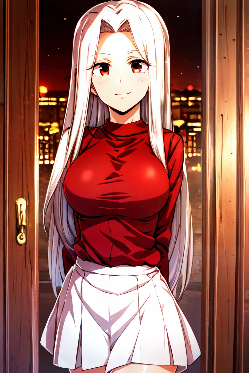 ((masterpiece,best quality)), absurdres,  <lora:Urushihara_Satoshi_Style:1.0>,  big breasts, BREAK, , BREAK, <lora:Irisviel_von_Einzbern_Combined:0.7>, Irisviel_von_Einzbern, red shirt, white skirt,, BREAK, solo, smile, looking at viewer, cowboy shot,