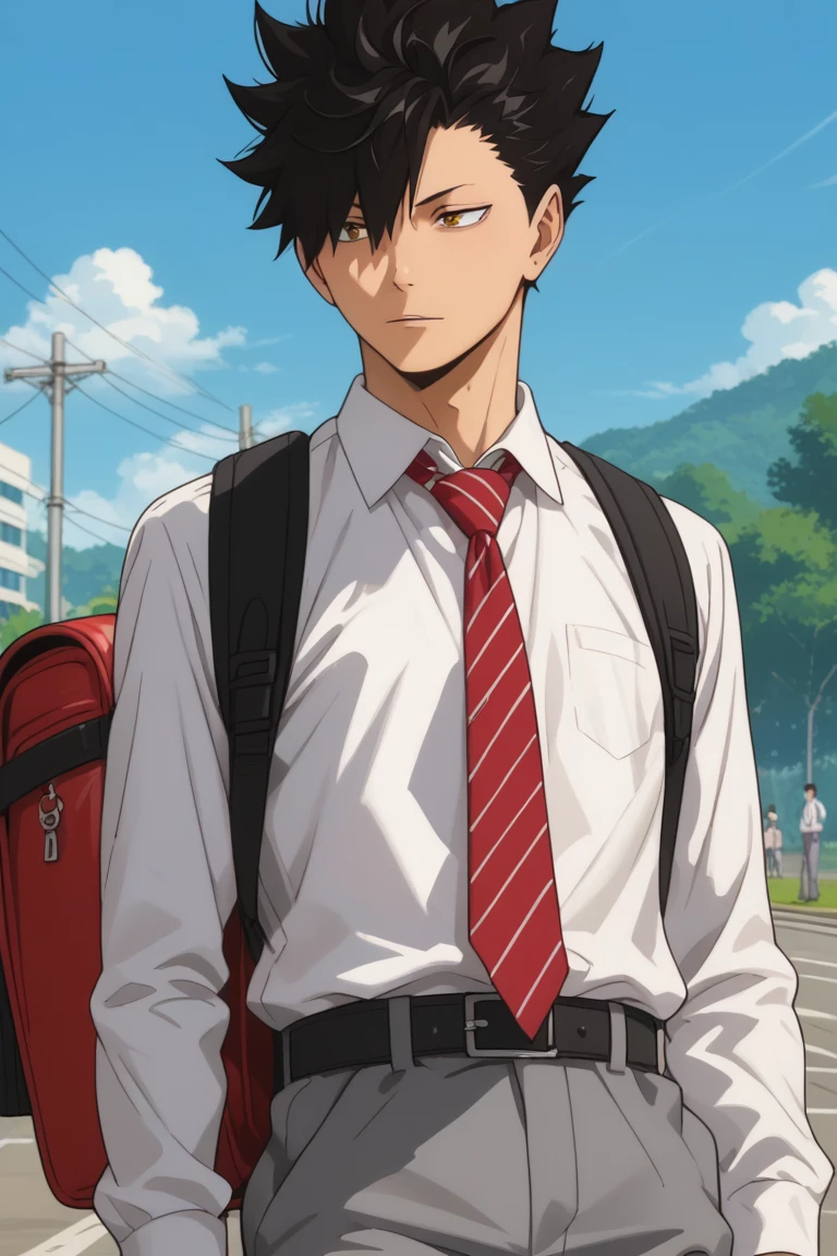 score_9, score_8_up, score_7_up, source_anime, rating_safe, Kuraikyu, 1boy, male focus, anime screencap, backpack, red-white necktie, grey pants, black belt, collared white shirt