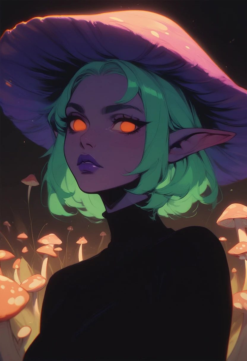 score_9, score_8_up, score_7_up, score_6_up, GLSHS, 1girl, purple skin, black dress, orange eyes, no pupils, stands in a mushroom field, portrait, looking at viewer, purple lipstick, partially illuminated, glowing, green hair, mushroom hat, elf ears, dark theme