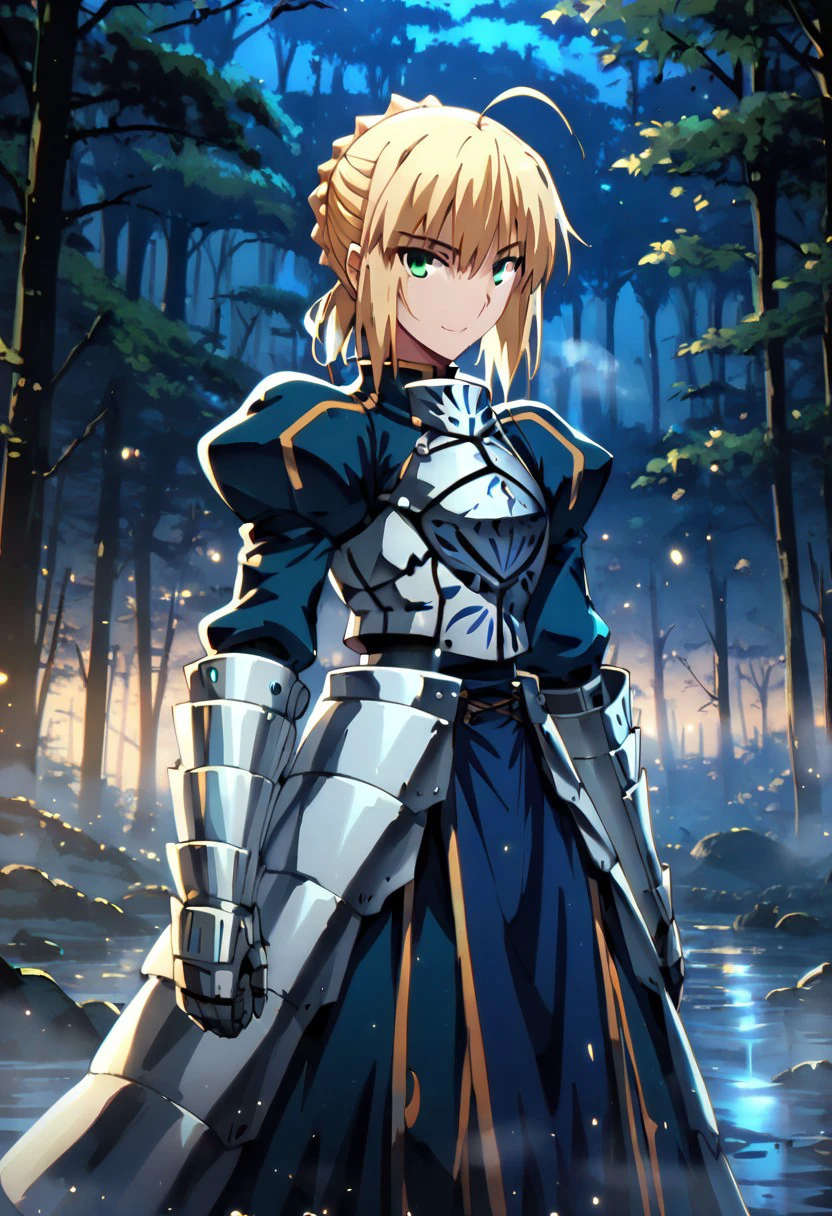 score_9, SaberFS, 
1girl, solo, light smile,
blonde hair, green eyes, short hair, french braid, ahoge,
SaberArmor, breastplate, blue dress, gauntlets, juliet sleeves, faulds,
standing, looking at viewer,
outdoors, night, blue theme, fog, forest