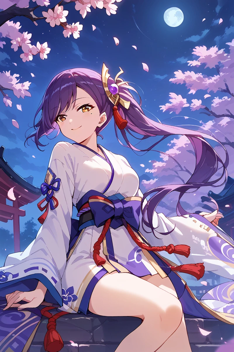 score_9, score_8_up, score_7_up, score_6_up, 1girl,
 <lora:Liu_Mei_Fan_r1:0.9> liu, long hair, purple hair, side ponytail, mole, moon, solo, japanese clothes, night, cherry blossoms, petals, full moon, brown eyes, smile, long hair, night sky