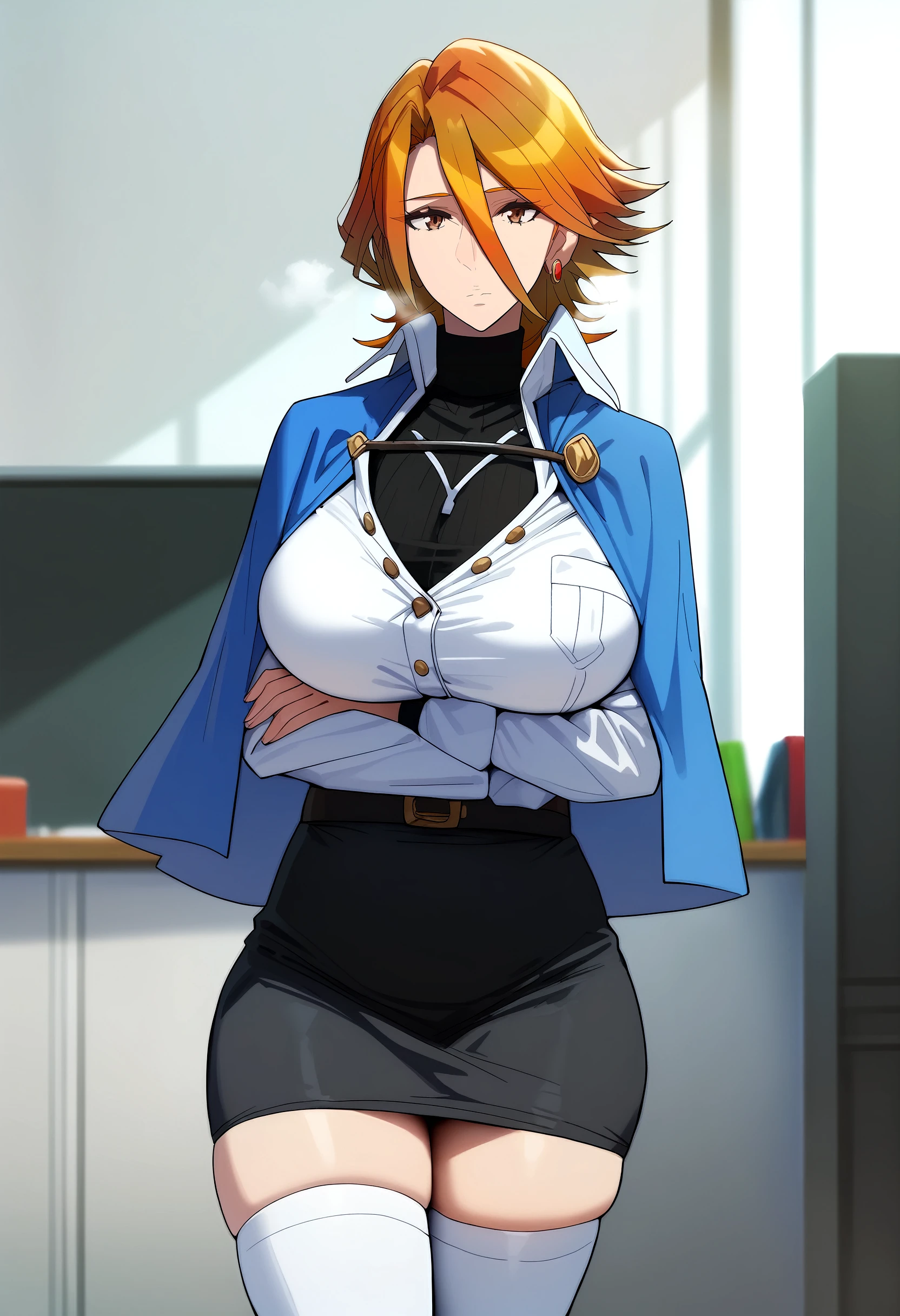 score_9, score_8_up, score_7_up, score_6_up, source_anime, rating_explicit, <lora:neg4all_bdsqlsz_V3.5:2.0>1girl, (solo:1.1), huge breasts,<lora:Brigetteponyxl:1> short hair, earrings, hair between eyes, brown hair, orange hair, brown eyes, blue capelet, white jacket, long sleeves, black turtleneck shirt, pencil skirt, black skirt, white thighhighs, expressionless, Narrow shoulders, heavy breathing, steaming body, office room, indoors, looking at viewer, standing