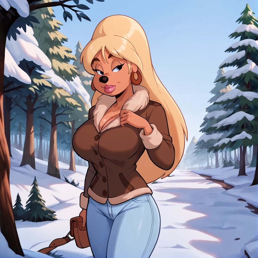 score_9, score_8_up, score_7_up, score_6_up, score_5_up, score_4_up, BREAK, <lora:lisagoofymovie:0.8>, lisagoofymovie, 1girl, blonde hair, furry female, animal nose, long hair, lips, dog ears, tan skin, earrings, outside, snow, trees, wearing, coat, jeans, large breasts, wid hips, forest, winter, solo,