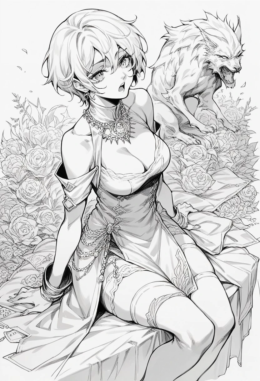 score_9, score_8_up, score_7_up, source_anime, lineart, thighhighs, short hair, cleavage, medium breasts, sitting, jewelry, open mouth, thighs
