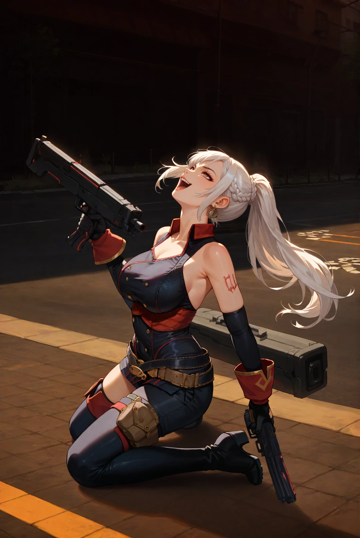 score_9, score_8_up, score_7_up, Kneeling with head thrown back, evil smile <lora:LeiRei_Onee_Chanbara_Origin:0.8> 1girl, solo, white hair, braid, ponytail, long hair, earrings, big breasts, gloves, thighhighs, tattoo, boots, weapon, gun, street