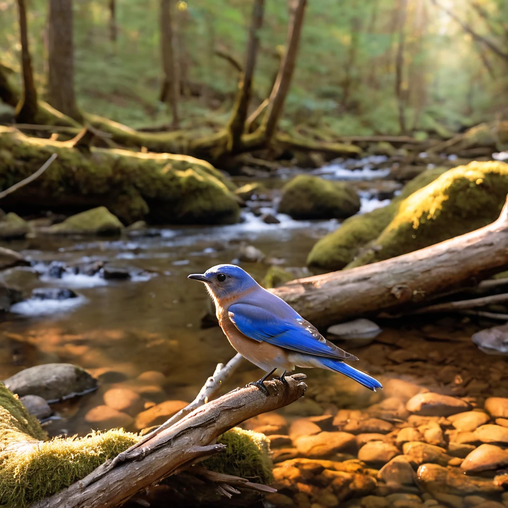 a bluebird in a creek in a north American forest, sunrise