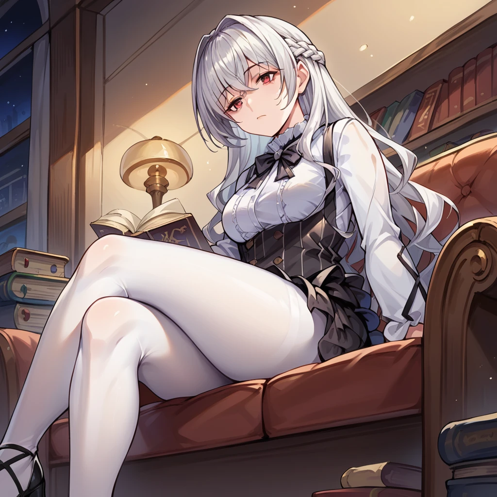 score_9_up, score_8_up, score_7_up, source_anime, masterpiece, best quality, 1girl, solo, Allan_Poe, night time, lamp, sitting on couch, holding book, head rest, from below, from side, crossed legs, face focus, foreshortening, black footwear, high heels, bored, long hair, red eyes, white hair, white shirt, frilled skirt, black skirt, black bowtie, suspenders, black vest, hair intakes, braid, white pantyhose, jewelry, mature body, dynamic cowboy shot, indoors, library background