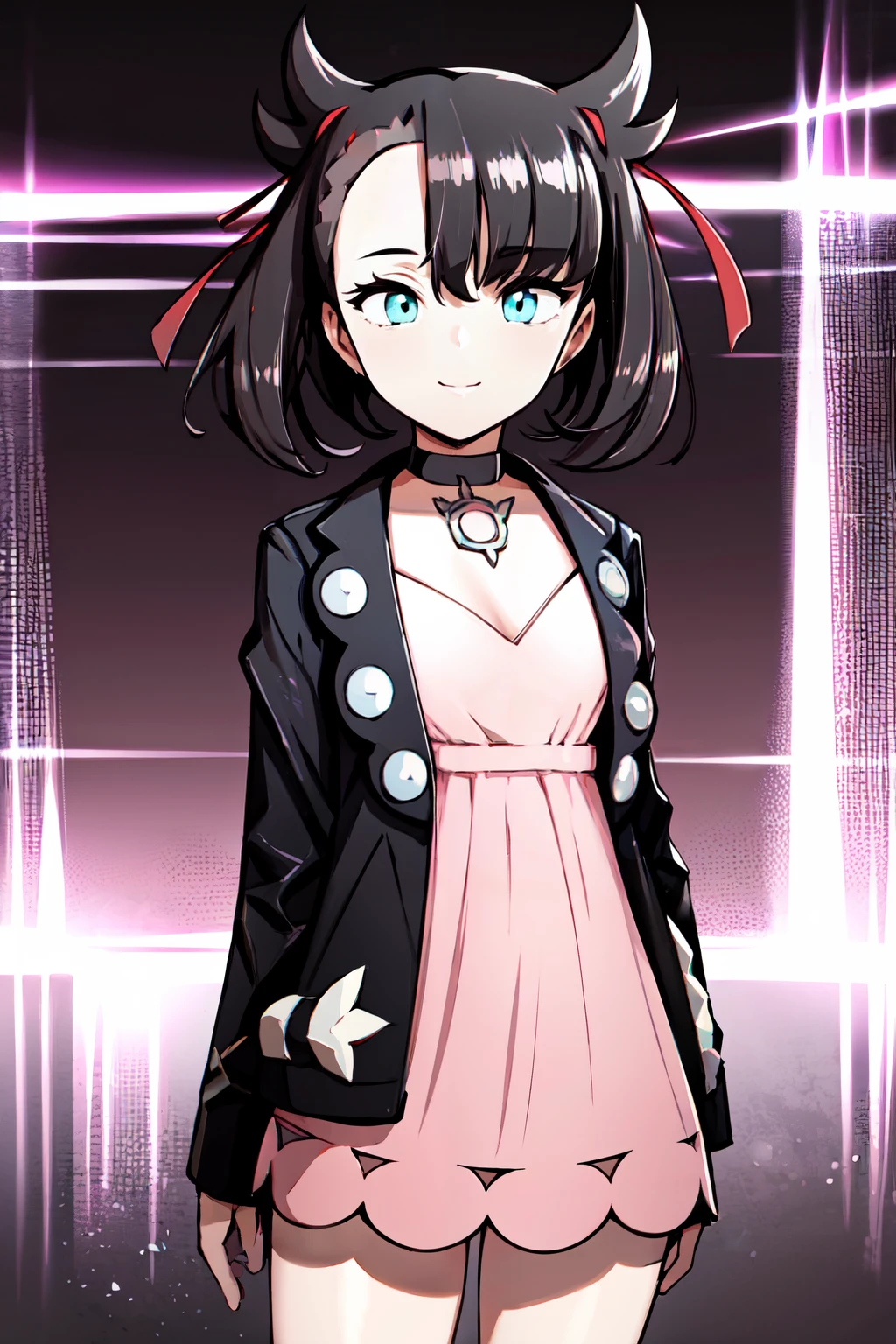 ((masterpiece,best quality)), absurdres,  <lora:Urushihara_Satoshi_Style:1>, sakimichan,  BREAK, , BREAK, <lora:Marnie_Pokemon_Dim32:0.8>, Marnie_Pokemon, aqua eyes, black choker, red ribbon, pink dress, jewelry, black jacket, open clothes, long sleeves,, BREAK, solo, smile, looking at viewer, cowboy shot,