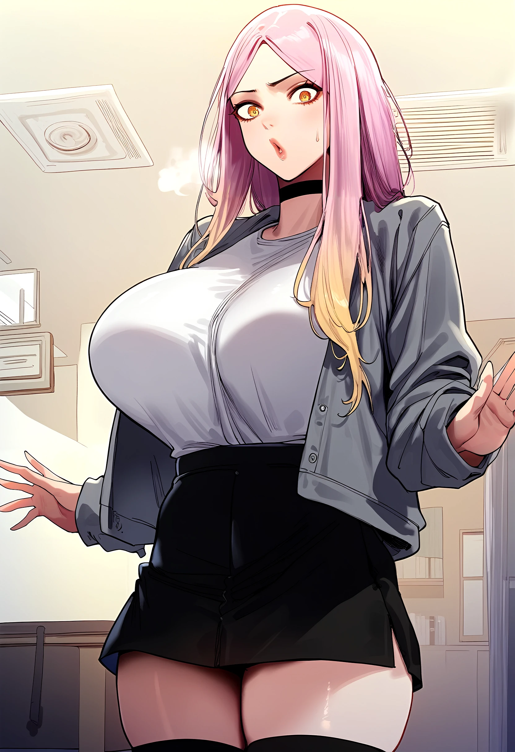 (((8k))), (((Masterpiece))), (((Ultra-detailed))), (((Superlative))), Mature woman, Yae Miko, (((gigantic breasts))), (((perfectly round breasts))), (((firm breasts))), thighs, (((naughty smile))), (((blushing))), choker, bedroom, ((glowing eyes)), (((voluptuous breasts))), (((black panties))), ((((oversized white shirt)))), ((((alternative costume)))), (((mischievous smile))), (((cameltoe))), (((office lady)))