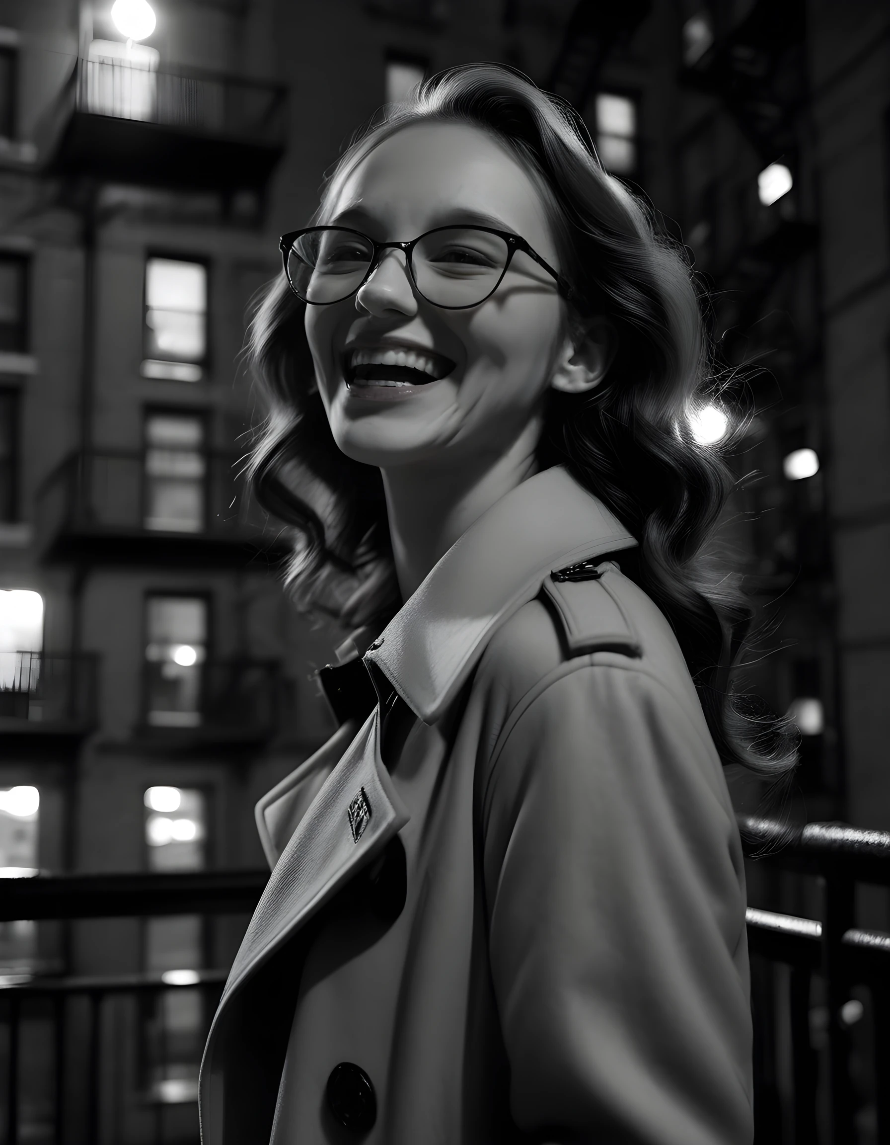 In a gritty, noir-style setting reminiscent of 1940s New York City, the camera is positioned at a low angle, casting an ominous silhouette over the cityscape. The focus is on R3353W, a woman dressed in a vintage, tailored trench coat with a fedora tilted to one side, her long, wavy hair cascading down her back. She stands confidently with a slight lean against a rusty fire escape, the city lights reflecting off her glasses and gleaming teeth as she flashes a wide, genuine smile with an open mouth. Her pose is relaxed yet assertive, capturing the viewer's attention with a sense of intrigue and allure, while the soft, warm lighting creates a contrast against the cold, dimly lit cityscape behind her, conveying a subtle tension and emotional depth in this captivating black-and-white photograph.