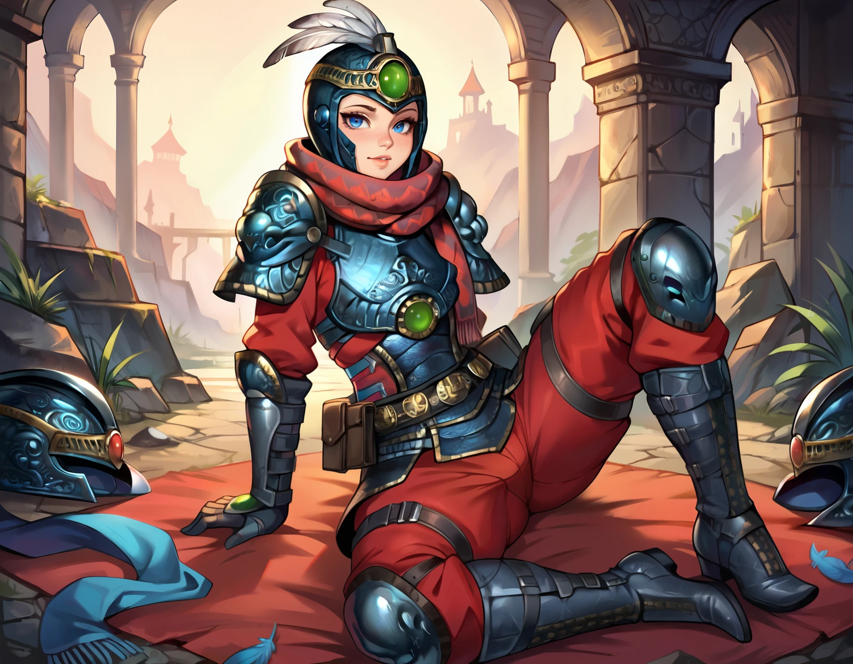 (embedding:Pony\Pony_PDXL_Negative_Embeddings\zPDXL2),1girl,3mpr3ss,armor,belt,gloves,armored boots,shoulder armor,helmet,gauntlets,pouch,red scarf,pauldrons,knee pads,red pants,chainmail,breastplate,full armor,blue eyes,looking at viewer,feathers,greaves,science fiction,tlying,(on_back:1.1),arms_behind_back,(straight_legs:1.1)                                               <lora:MyTrainings\Temp\Wattson_The_Warrior_Empress_XL_Pony.safetensors:0.7>