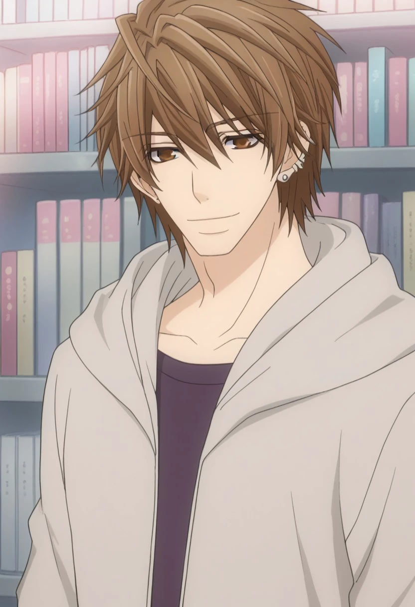 score_9, score_8_up, score_7_up, source_anime, highly detailed, 
yukina, 1boy, solo, male focus, brown eyes, brown hair, bookshelf, hood, earrings, book,
jewelry, piercing, hoodie, smile