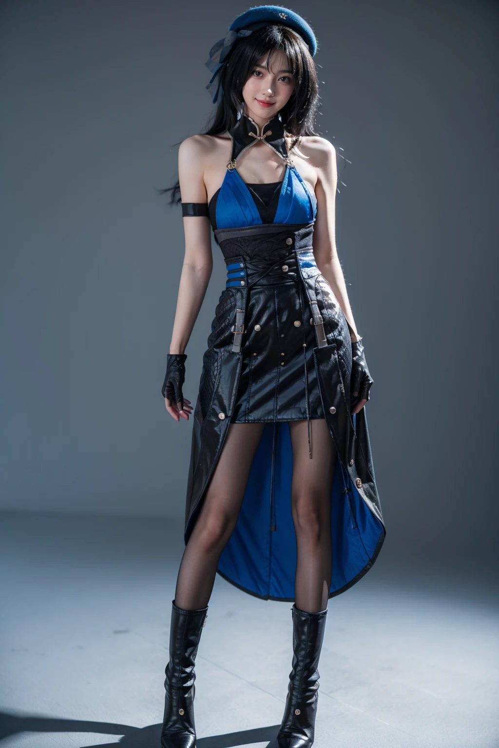 realistic, photorealistic, full body, 1girl, solo, smile, looking at viewer, standing, yangyang cosplay costume, yangyang, cosplay, black hair, long hair, multicolored hair, white hair, dress, hat, bare shoulders, detached collar, single glove, arm strap, gloves, pantyhose, black pantyhose, boots, high heel boots, breasts, simple grey background, <lora:WutheringWaves_Yangyang_cosplay_costume_v1:0.7>