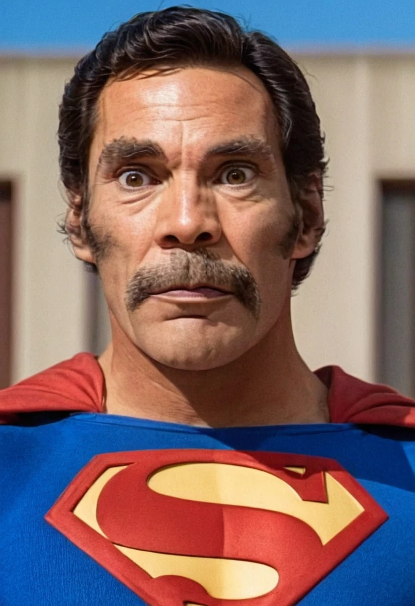 a 70 years old malay man in superman costume outfit standing in front of a bustling crowded night market holding a donut, night, serious face, nighttime, in superman movie style, hyper - realistic photography, dramatic effect, smoke effect in background, dark color grading, full body, 8k, close - up shot, extreme close - up photo