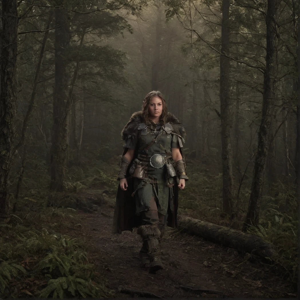 1girl, solo, walking, Druid, fantasy armor, full armor, fur cape, fur leather boots, rope belt, trinkets on belt, gauntlets of wood, Front-facing, Front, moody forest, (UHD, 8K, ultra detailed, looking at the camera, highly detailed, best quality, best aesthetic, high detail, amazing detail, masterful, work of a master, highly detailed background, shallow depth of field, photorealistic, RAW image, 
8k high resolution, ray tracing, realistic, mid day, volumetric lighting), badneg-xl, medium shot, mid shot, 