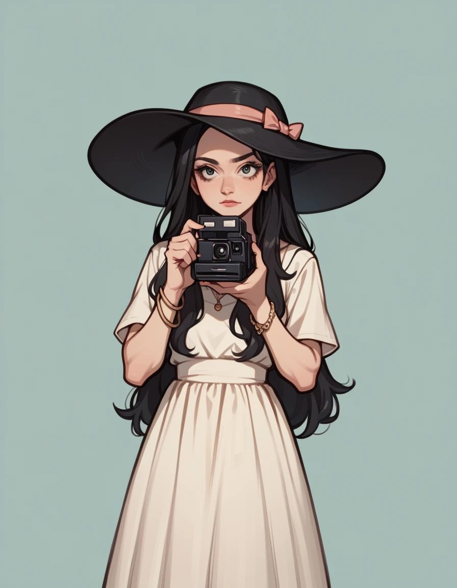 score_9, score_8_up, score_7_up, score_6_up, score_5_up, score_4_up, 1girl, solo, black hair, hat, jewelry, dress, bracelet, long hair, hud_pol4r0id, holding camera, <lora:pc-000008:0.8>, taking picture,