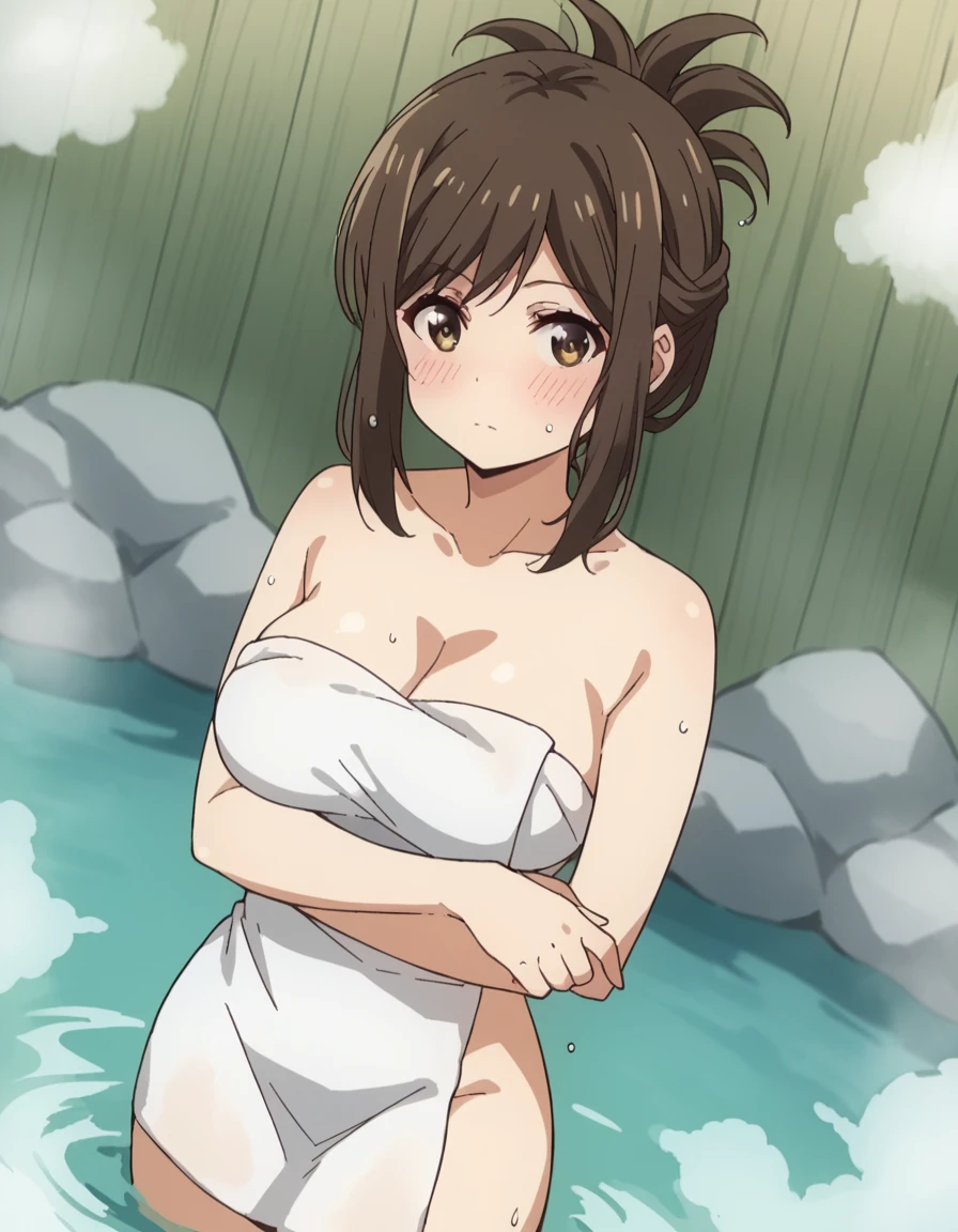 score_9, score_8_up, score_7_up, source_anime, <lora:kana-kojima-s1-ponyxl-lora-nochekaiser:1>, kana kojima, brown hair, brown eyes, folded ponytail, large breasts,, nude, naked, outdoors, onsen, towel, naked towel, steam, bathing, nude cover, partially submerged, water, bath, steam censor, wet towel, blush, looking at viewer, solo,, cowboy shot, dutch angle