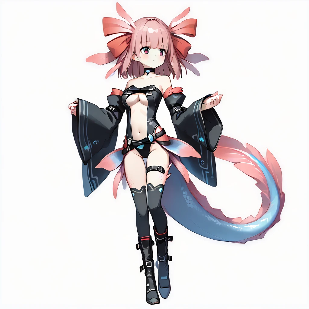 <lora:AxolotlWorld_Concept:0.8> AxolotlWorldXLP , scales, thick tail, bangs, axolotl girl, colored skin, monster girl,  <lora:dizzy:1> dizzyoutfit, ribbon, thighhighs, choker,high heels, bare shoulders, boots, bow, hair ribbon, navel,  ankle boots, underboob, detached sleeves, long sleeves, midriff, hair bow, cleavage, belt, thighs, black legwear, multiple belts, leotard, center opening, wide sleeves, collarbone, thigh strap