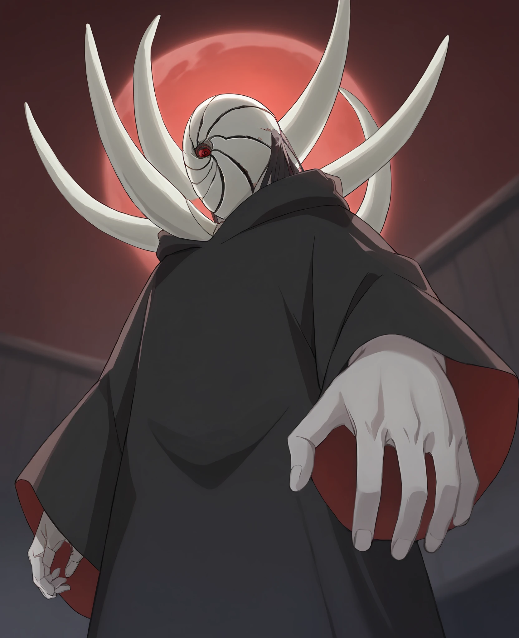 score_9,score_8_up,score_7_up,source_anime,rating_safe BREAK masterpiece,highres,best quality,high quality,dramatic angle,cinematic lighting,1boy,<lora:Obito_Pony_V2:1>,Uchiha OBito \(Rage\),Rage,white spikes,black robe,white sleeves,white gloves,colored skin,robot,scar,red eye,sharingan,wooden spikes,no humans,alien,depth of field,blurry background,blood moon,red moon,hooded cloak,long hair,<lora:add-detail-xl:0.22>,<lora:flat_sdxl:-0.43>,blood,cloak,from below,covering own face,spikes,