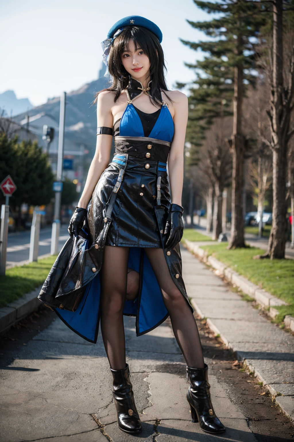 realistic, photorealistic, full body, 1girl, solo, smile, looking at viewer, standing, yangyang cosplay costume, yangyang, cosplay, black hair, long hair, multicolored hair, white hair, dress, hat, bare shoulders, detached collar, single glove, arm strap, gloves, pantyhose, black pantyhose, boots, high heel boots, water, field, mountain, nature, nature view, detailed background, <lora:WutheringWaves_Yangyang_cosplay_costume_v1:0.7>, <lora:Background_Detail_v3:1>, <lora:background & distence control:-1>