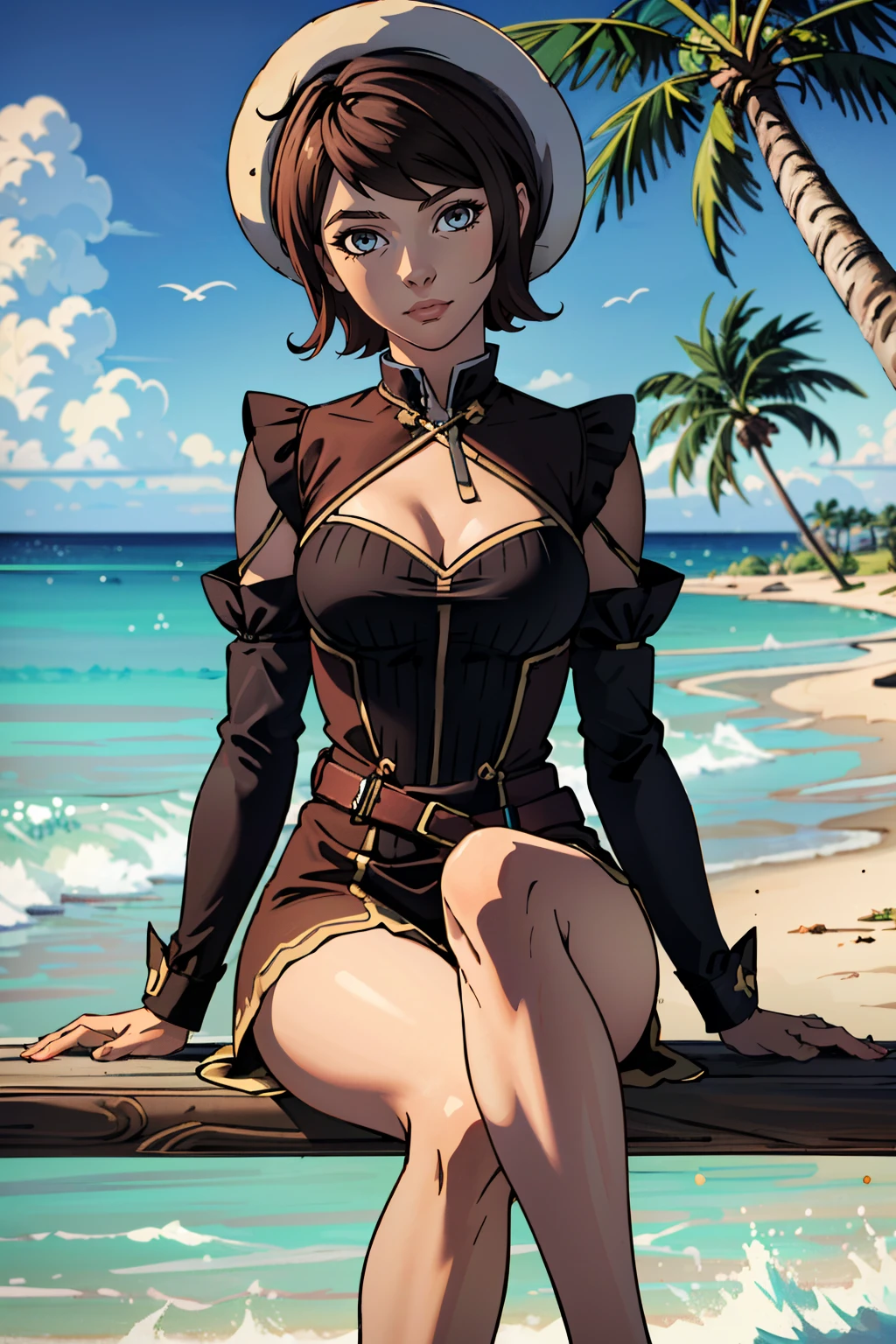 ((ultra detailed, masterpiece, absurdres))
 <lora:BFiona:0.8>
BFiona, 1girl, short hair, brown hair, hat, looking at viewer, on the sandy beach, minidress, palm trees in the background, sitting cross-legged