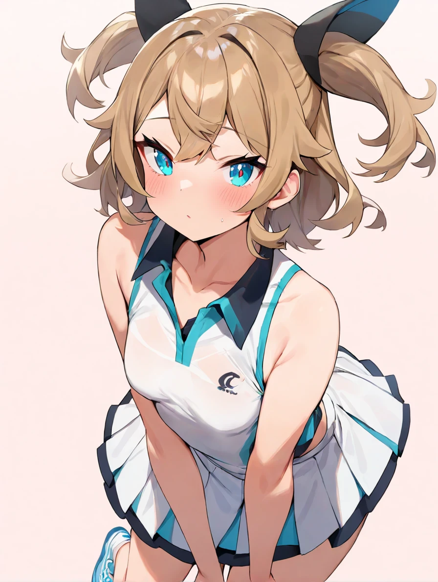 1girl,solo,simple background,celti.,small breasts,,aqua eyes,tennis_uniform,<lora:celti-000008:1>, masterpiece, best quality, very aesthetic, absurdres