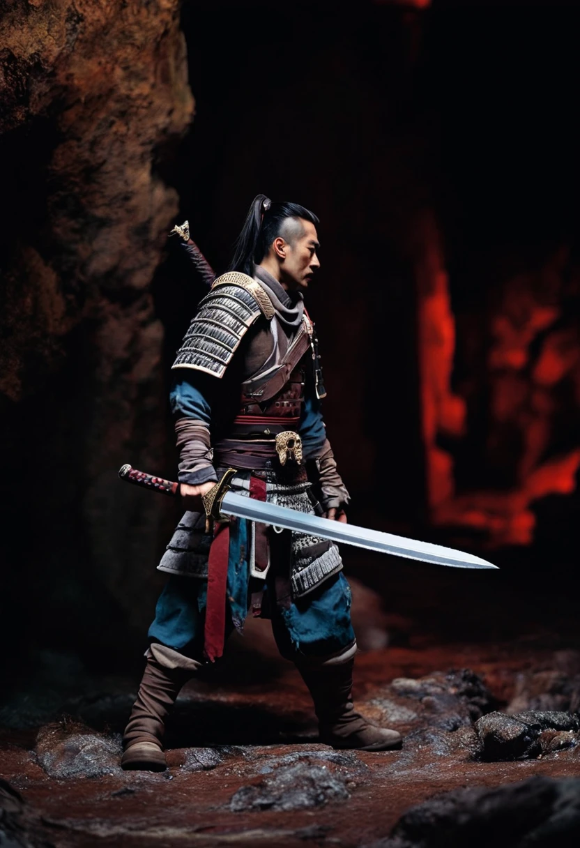 photorealistic, cinematic, warrior character design, idle pose, colored, sword, sprite, darkest dungeon, pc game, sideview, art by moebius and greg rutkowski., detailed background, film photography aesthetic, film grain, analog photography, asian, 