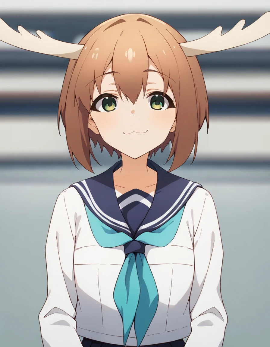 score_9, score_8_up, score_7_up, source_anime, blurry background, BREAK
1girl, solo, looking at viewer, cowboy shot, simple background,
noko shikanoko, horns, brown hair, short hair, green eyes, hair between eyes,
school uniform, serafuku, blue sailor collar, white shirt, long sleeves, aqua neckerchief, smug,
<lora:noko_shikanoko_anime-soralz:1>