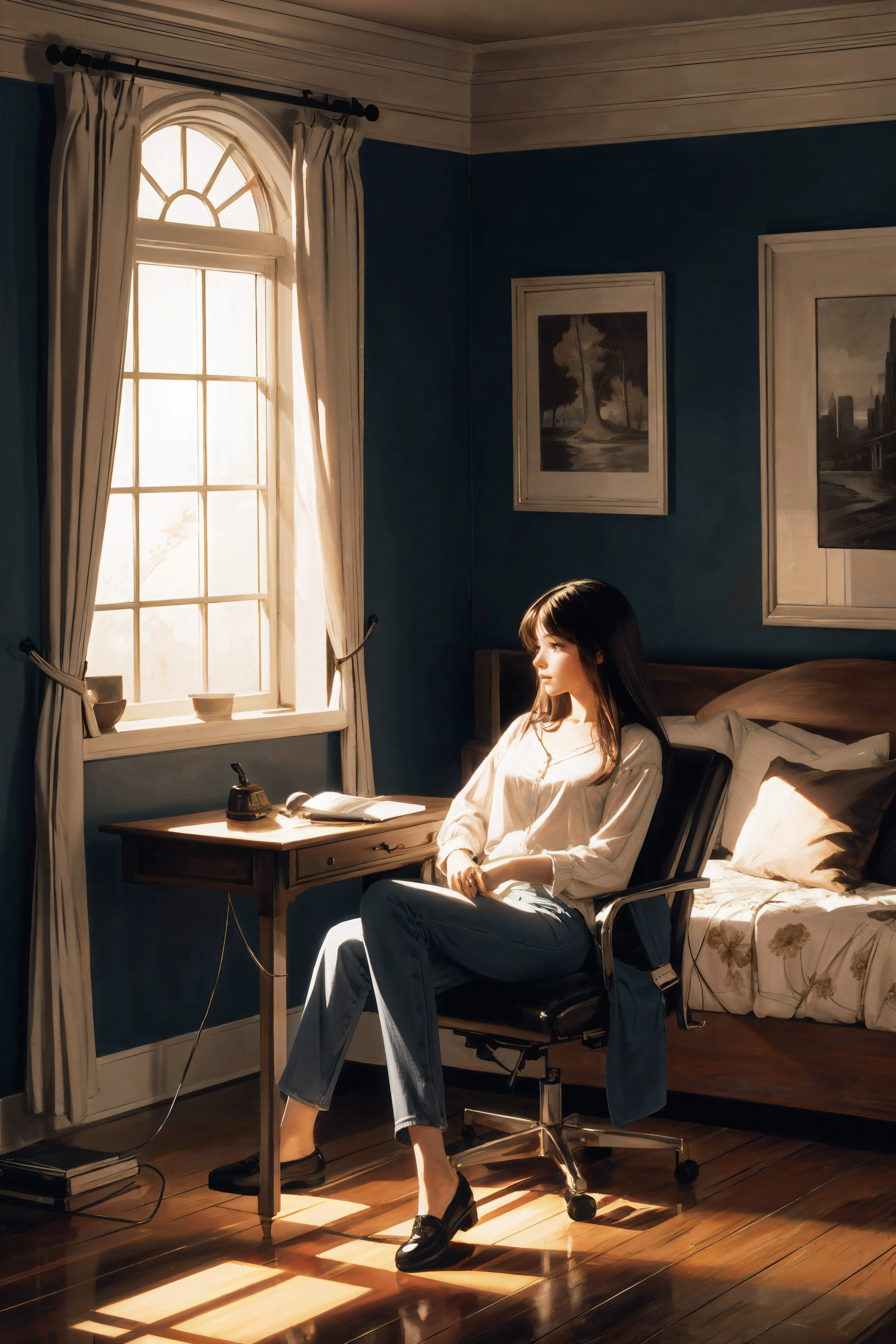 digital art, Woman studying in a room, the Female is very Average and Chill, lustful, she has Superficial hair, 70s Art, Sunlight, delicate, (designed by Ronald Wimberly:0.7), deep aesthetic, dynamic dramatic composition, highly enhanced, great composition, flowing, beautiful detailed, confident