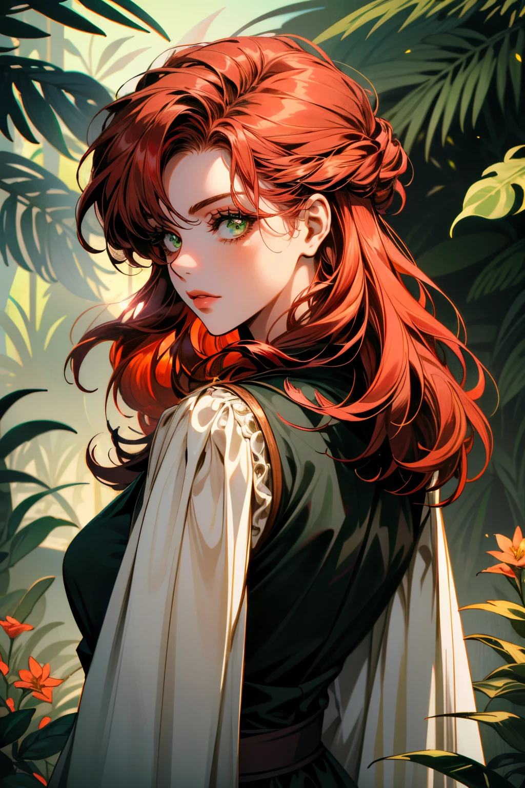 ((ultra detailed, masterpiece, absurdres))
 <lora:ACUElise:0.8>
ACUElise, 1girl, red hair, green eyes, looking at viewer, in a lush jungle with vibrant flowers, from behind, looking back