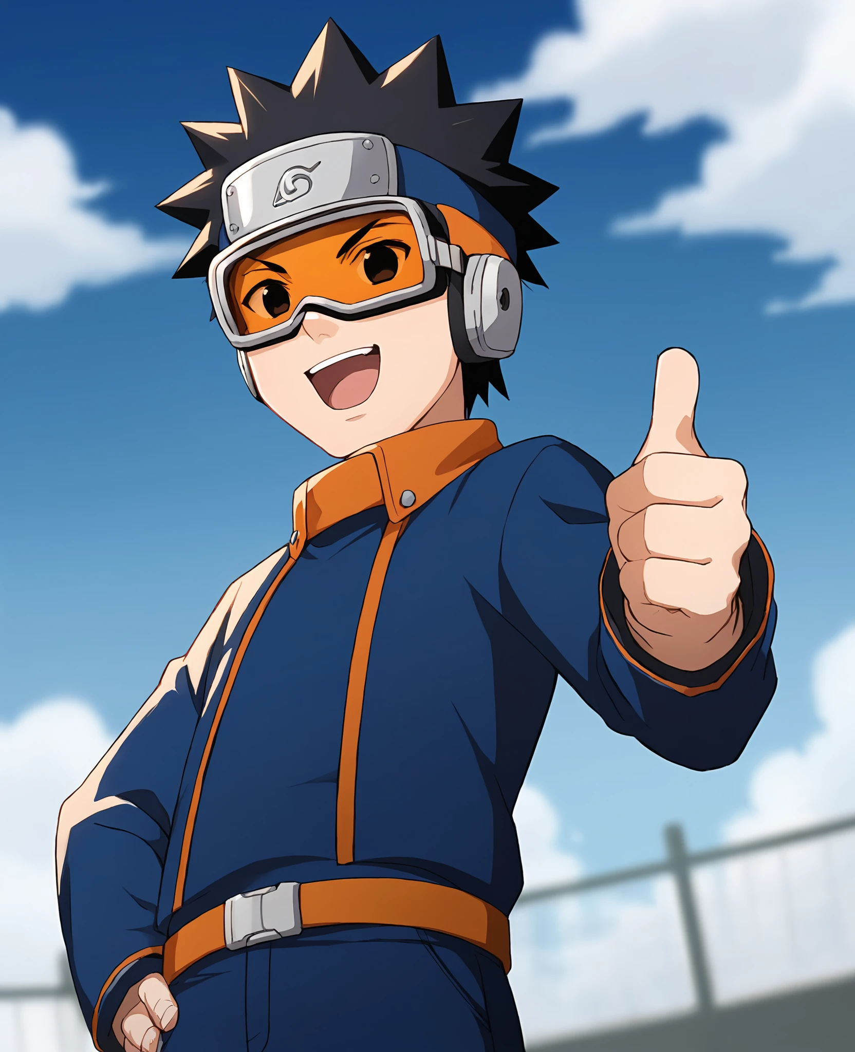 score_9,score_8_up,score_7_up,source_anime,rating_safe BREAK masterpiece,highres,best quality,high quality,dramatic angle,cinematic lighting,1boy,<lora:Obito_Pony_V2:1>,Uchiha Obito \(Shounen\),young,black hair,spiked hair,goggles,forehead protector,konohagakure symbol,blue shirt,blue pants,belt,pockets,holding kunai,wristband,one hand on own hip,:d,happy,open mouth,v-shaped eyebrows,depth of field,blue sky,black eye,orange stripes,orange collar,shounen,from below,sunshine,thumbs up,long sleeves,fishnet top,jacket,