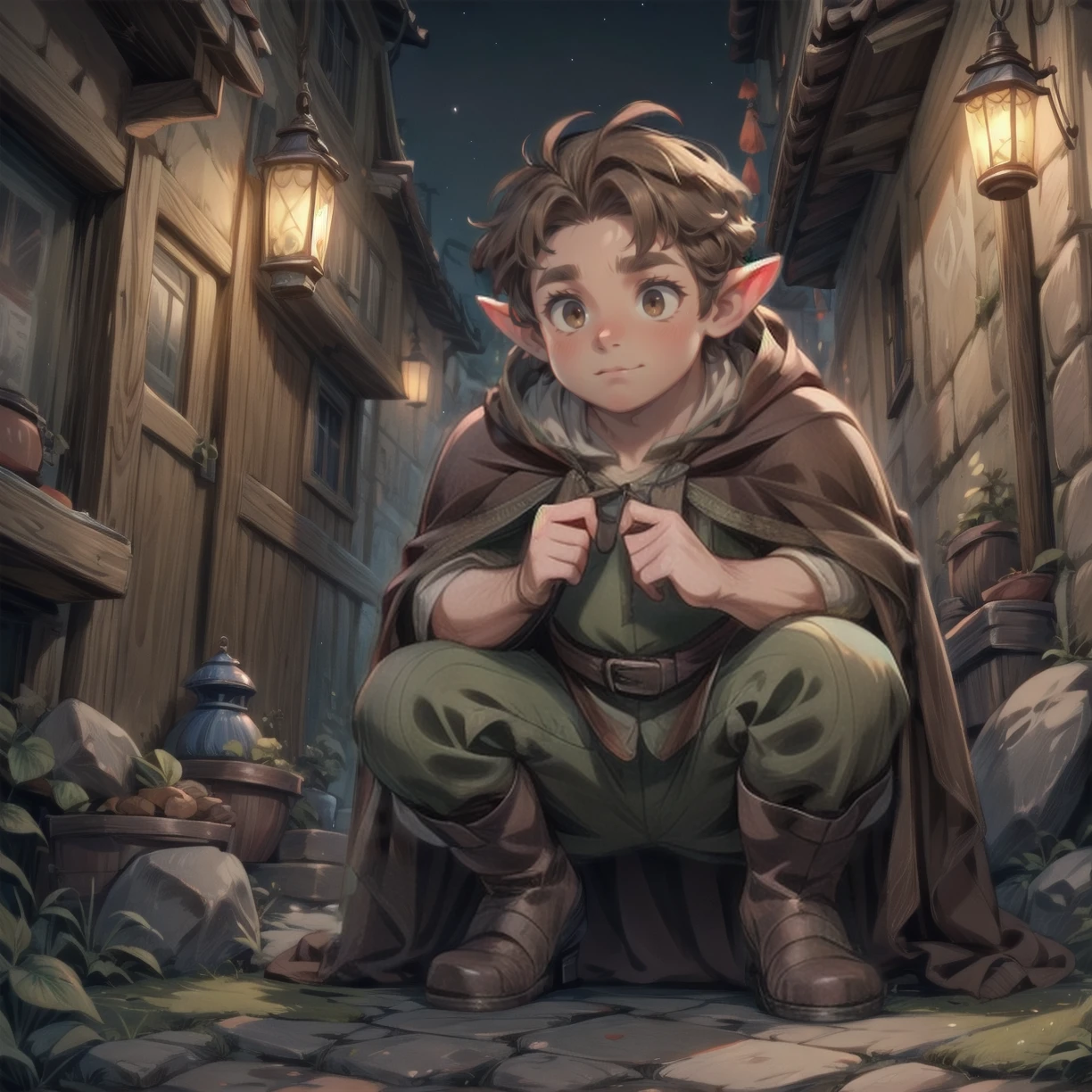 night, 1boy, brown hair, cloak, hood, crouching, alley, <lora:Halflings! 1.5:0.8>, halflings, short, chubby, hobbit, very detailed, <lora:more_details:0.6>, high quality, highres, masterpiece, best quality, 8k, intricate, detailed, <lora:add_detail:0.6>