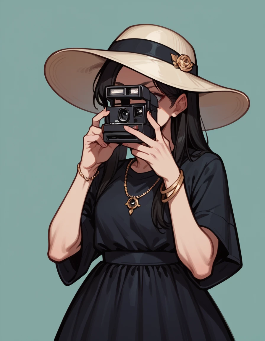 score_9, score_8_up, score_7_up, score_6_up, score_5_up, score_4_up, 1girl, solo, black hair, hat, jewelry, dress, bracelet, long hair, hud_pol4r0id, holding camera, <lora:pc-000008:1>