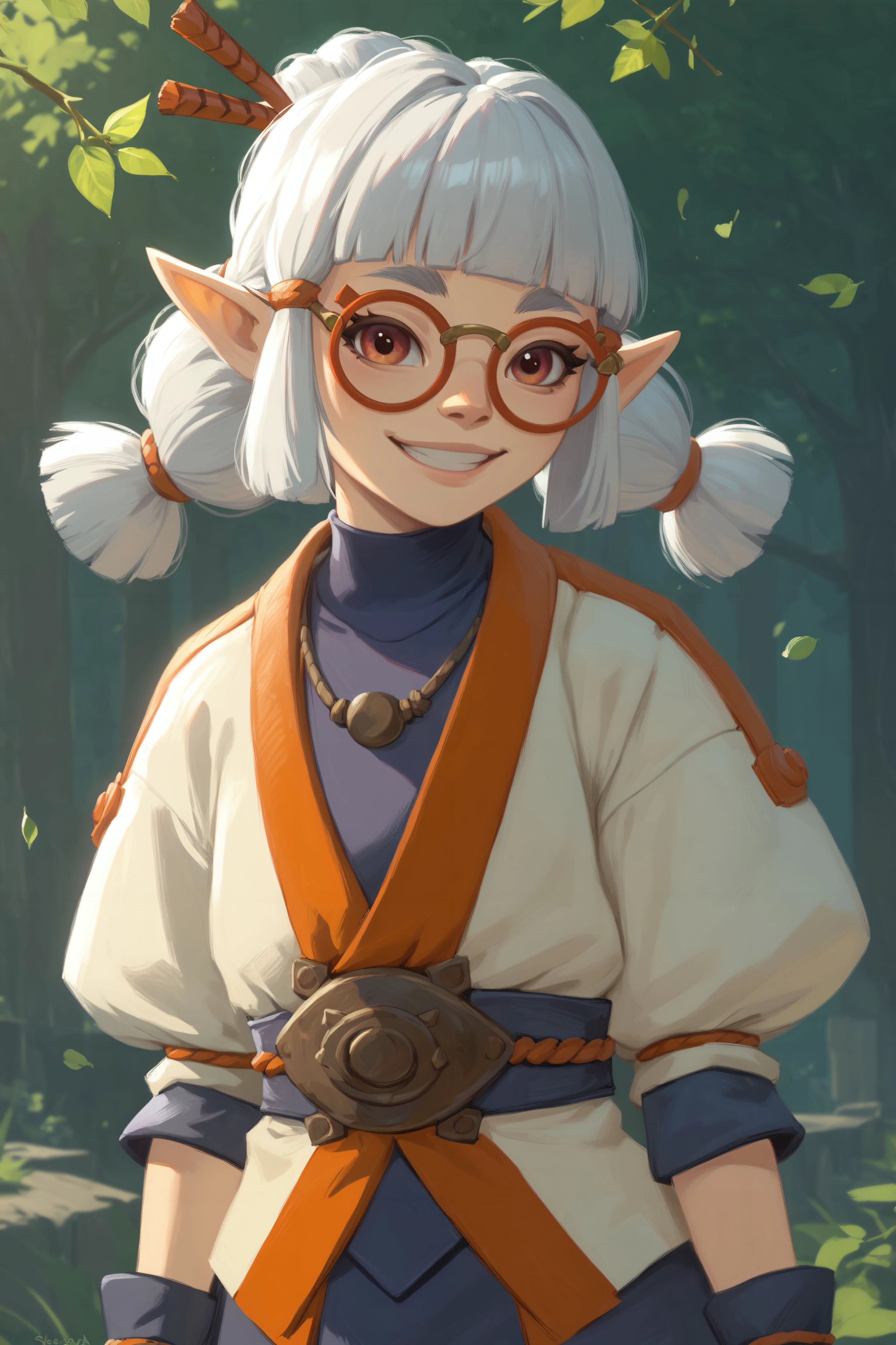 josha, totkjosha, 1girl, low twintails, brown hair, multi-tied hair, pointy ears, white hair, glasses, looking at viewer, smile, sheikah
<lora:totkjosha-pdxl:0.7>
score_9, score_8_up, score_7_up, score_6_up, score_5_up, score_4_up, zPDXL2