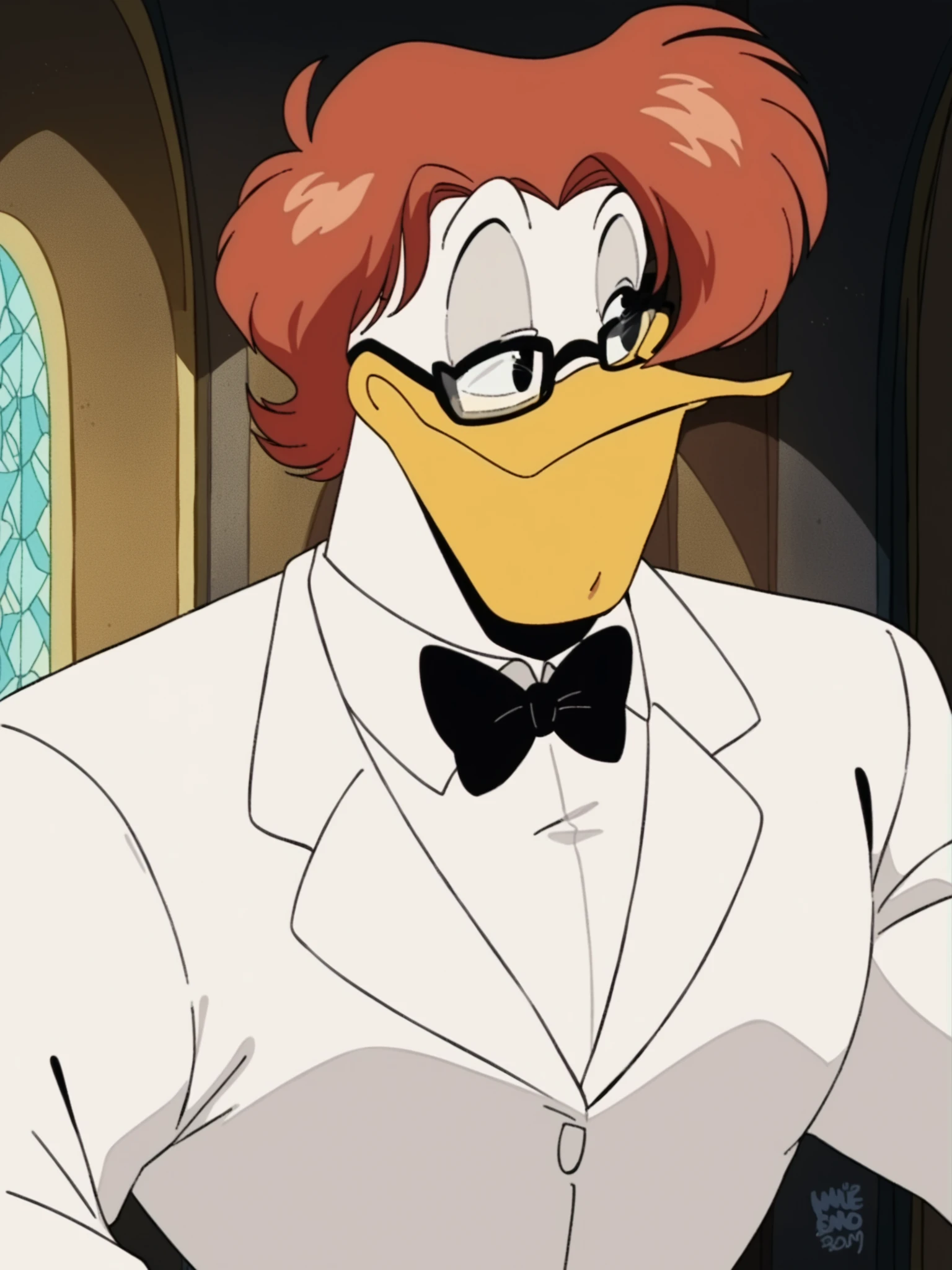 score_9, score_8_up, score_7_up, score_6_up, best quality, highres, source_furry BREAK vum BREAK (indoors, mansion, detailed background:1.2)
1boy, male, solo, duck, beak,launchpad mcquack, white skin, clothed, black eyes, smile, frown, narrowed eyes, looking aside, short hair, red hair, anthro, white tuxedo, red dress shirt, shirt collar, black bow tie,, glasses, eyewear   <lora:Launchpad_McQuack_2:1>