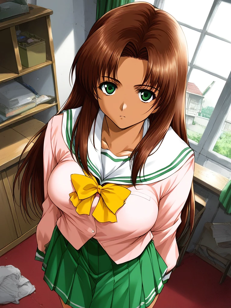 score_9, score_8_up, score_7_up, source_anime, rating_explicit, BREAK <lora:Fujima_Moeko_XL:1> FujimaMoeko, brown hair, breasts, green eyes, long hair,
1girl, solo, pink school uniform, long sleeves, bow, serafuku, indoors, yellow bow, shirt, green skirt,ãlooking at viewer,
from above
dark skin
expressionless
apartment house, room,