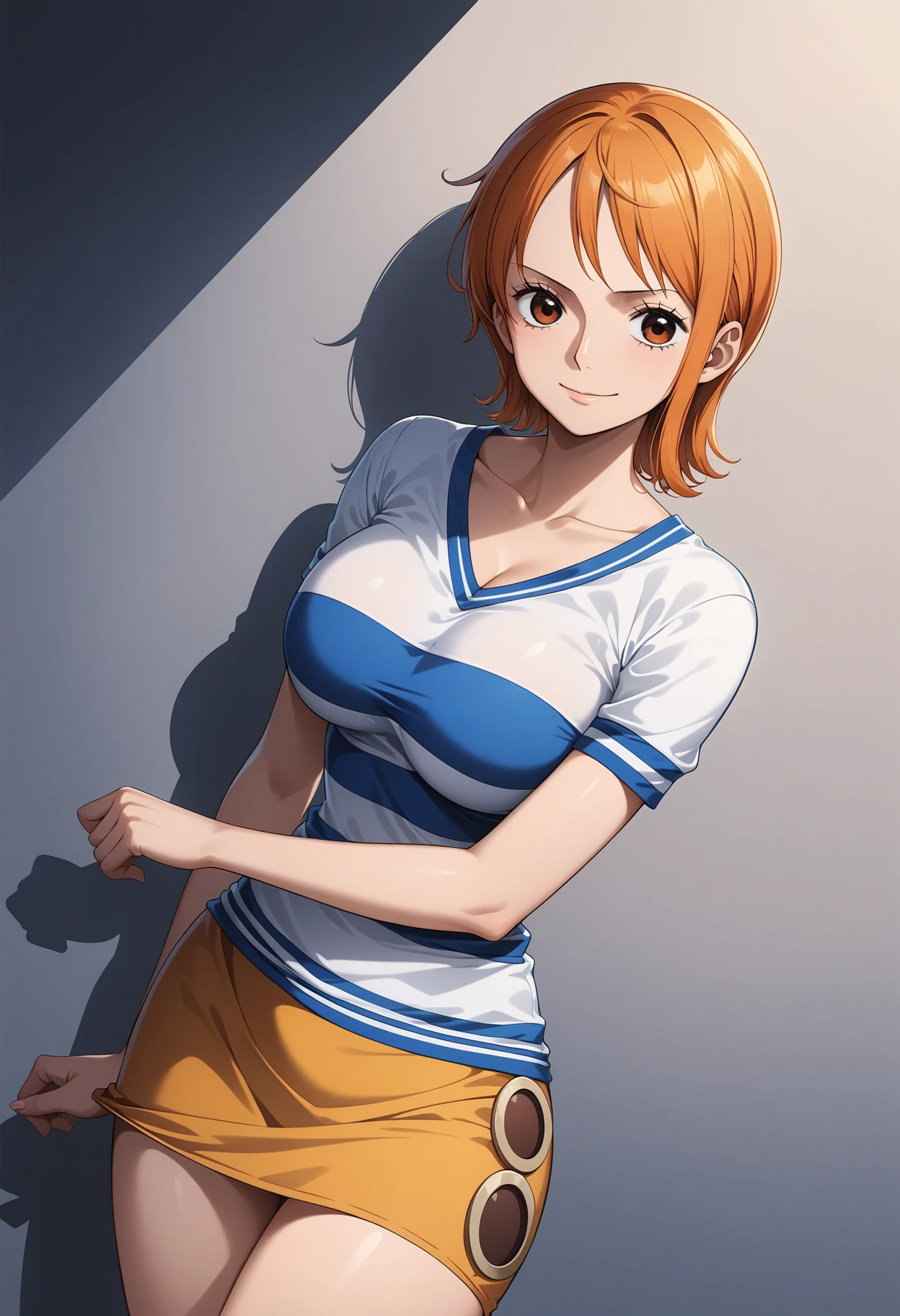 (masterpiece, best quality, very aesthetic, ultra detailed), intricate details, 4k, aanami, long hair, aanami, short hair, orange hair, orange eyes, brown eyes, breasts, collarbone, cleavage, striped shirt, white shirt, short sleeves, miniskirt, yellow skirt, <lora:nami_animagine_v1:0.9>, standing, cowboy shot, smile