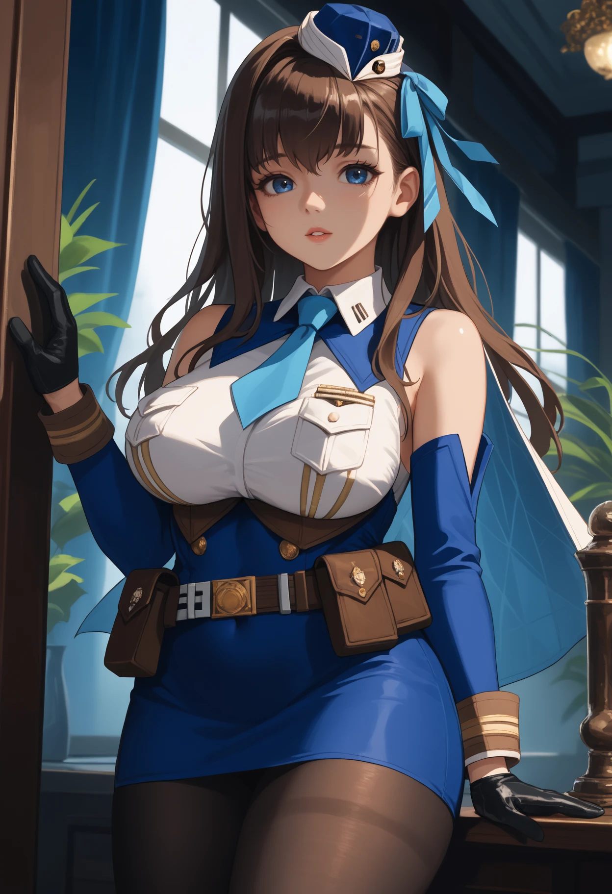 score_9, score_8_up, score_7_up, source_anime BREAK 1girl, solo, <lora:marian-nikke-richy-v1_pdxl:1> mrnnkk, blue eyes, brown hair, long hair, bangs, large breasts, garrison cap, blue ribbon, hair ribbon, blue necktie, collared shirt, white shirt, sleeveless, breast pocket, detached sleeves, capelet, blue skirt, black gloves, pantyhose, looking at viewer, parted lips, covered navel, belt pouch