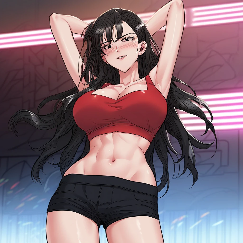 score_9, score_8_up, score_7_up, ASCII masterpiece, source_anime, BREAK, 1girl, solo, (( <lora:sae-yeon:1> , sae-yeon, normal waist, wide hips, beautiful skin, beautiful dark gray eyes, clear eyes, bright pupils, beautiful eyes, beautiful black hair, beautiful long hair,  bangs, big and shaggy breasts, natural beauty, extraordinary beautiful woman, attractive woman, super sexy woman, lustful body, sexy woman with seductive obscene body, sensual body, voluptuous body, sexy beauty, no piercings, no piercing, )) , no piercings, no piercing, obscene cleavage,  sexy red crop top, midriff, sexy black shorts, standing, blush, seducative smile, hands in the air, sexy dancing, nightclub background, sexy dinamic pose, neon lights,