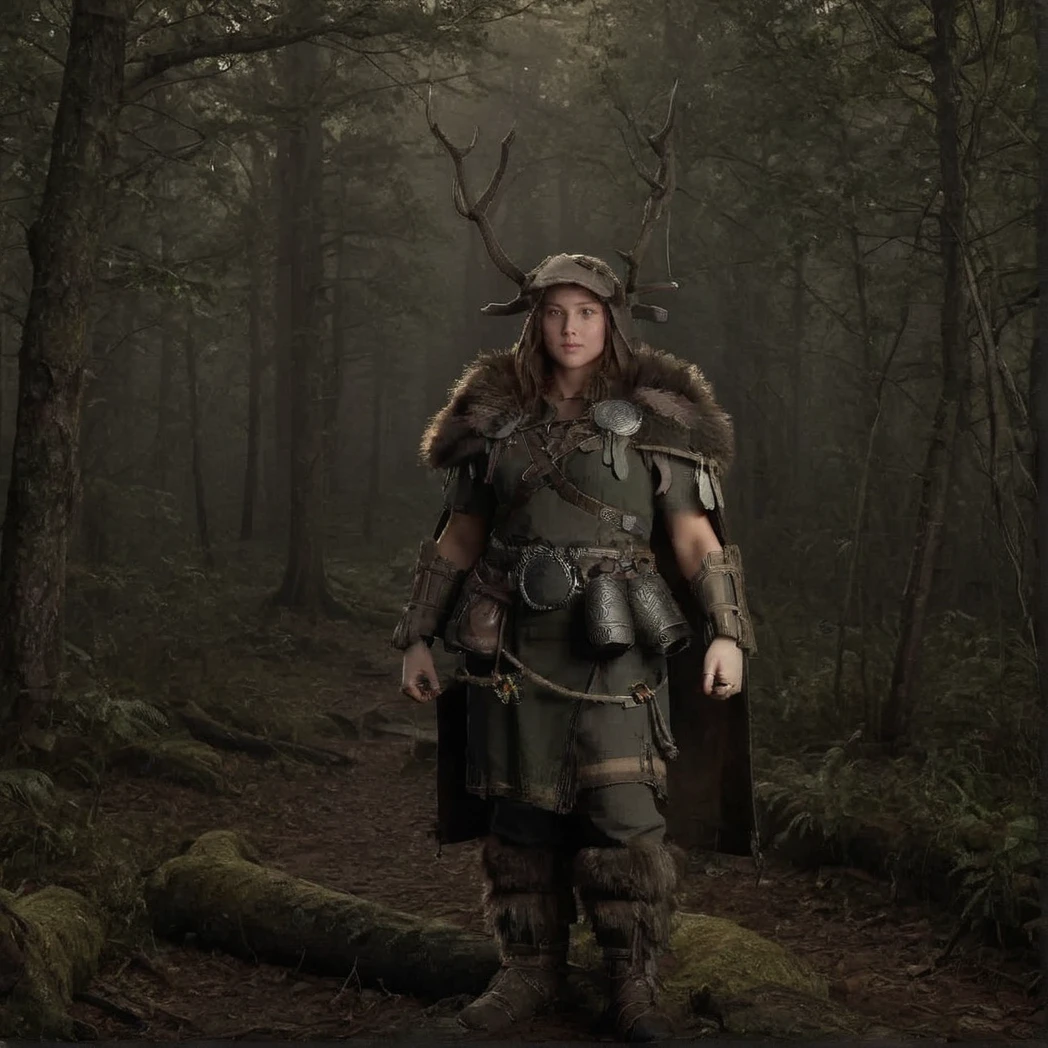 1girl, solo, walking, Druid, fantasy armor, full armor, Antlers, fur cape, fur leather boots, rope belt, trinkets on belt, gauntlets of wood,, Front-facing, Front, moody forest, (UHD, 8K, ultra detailed, looking at the camera, highly detailed, best quality, best aesthetic, high detail, amazing detail, masterful, work of a master, highly detailed background, shallow depth of field, photorealistic, RAW image, 
8k high resolution, ray tracing, realistic, mid day, volumetric lighting), badneg-xl, medium shot, mid shot, 