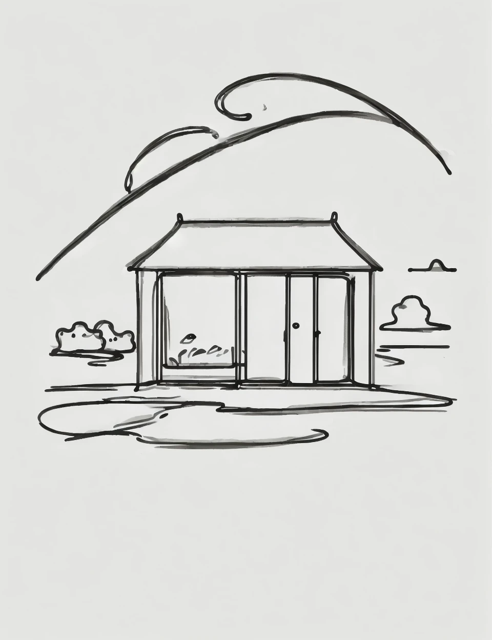 DonM0n3L1n3 one line drawing, bowyer's shop in wetland biome <lora:DonM0n3L1n3:0.8>